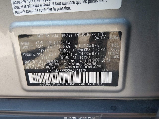 44957242 :رقم المزاد ، 4S4BRBKC0A3319279 vin ، 2010 Subaru Outback 2.5i Limited مزاد بيع