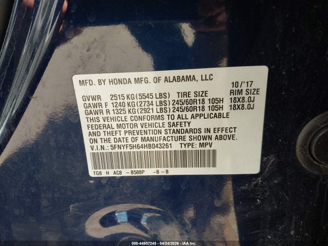 5FNYF5H64HB043261 Honda Pilot Ex-l