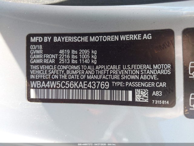 44957272 :رقم المزاد ، WBA4W5C56KAE43769 vin ، 2019 Bmw 430i Xdrive مزاد بيع
