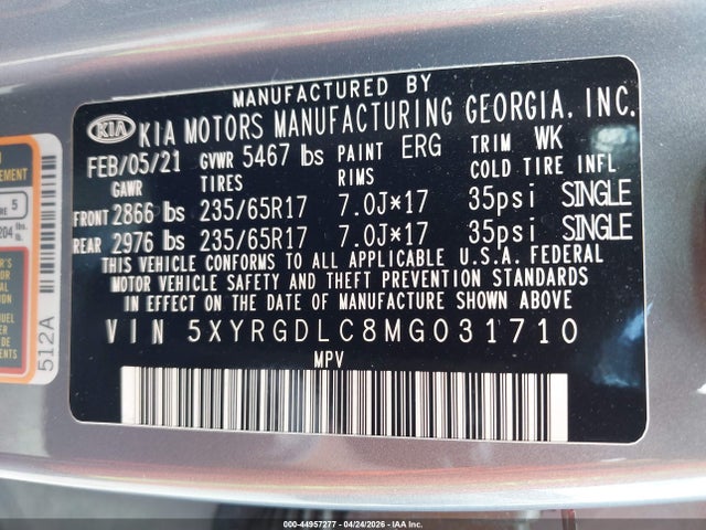 2021 Kia Sorento Lx მანქანა იყიდება აუქციონზე, vin: 5XYRGDLC8MG031710, აუქციონის ნომერი: 44957277