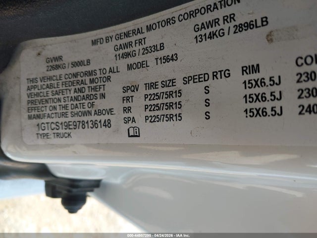 44957295 :رقم المزاد ، 1GTCS19E978136148 vin ، 2007 Gmc Canyon Sle1 مزاد بيع