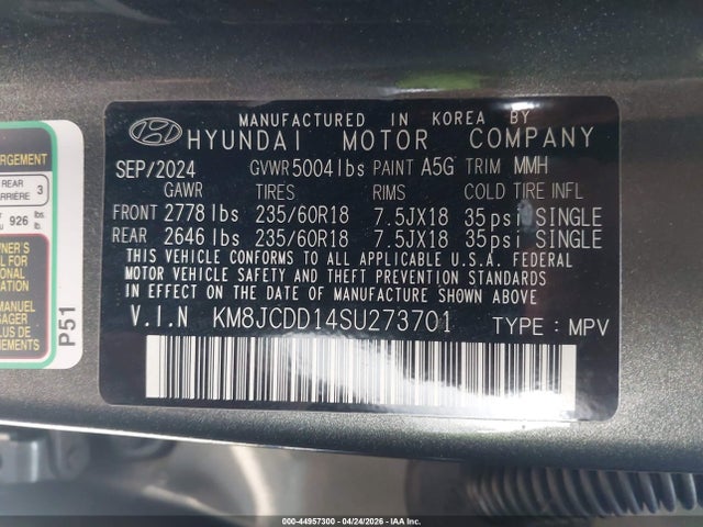 2025 Hyundai Tucson Hybrid Sel Convenience მანქანა იყიდება აუქციონზე, vin: KM8JCDD14SU273701, აუქციონის ნომერი: 44957300