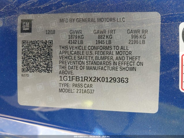 2019 Chevrolet Camaro 1lt მანქანა იყიდება აუქციონზე, vin: 1G1FB1RX2K0129363, აუქციონის ნომერი: 44957311