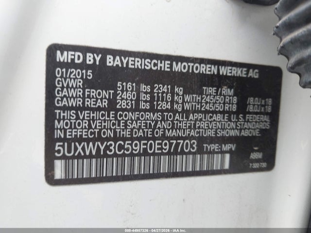 44957326 :رقم المزاد ، 5UXWY3C59F0E97703 vin ، 2015 Bmw X3 Xdrive28d مزاد بيع