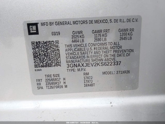 Aukcja sprzedaży 2019 Chevrolet Equinox Lt, vin: 3GNAXJEV2KS622337, numer aukcji: 44957331