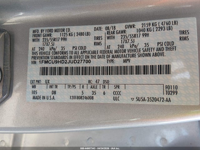 Aukcja sprzedaży 2018 Ford Escape Sel, vin: 1FMCU9HD2JUD27700, numer aukcji: 44957343