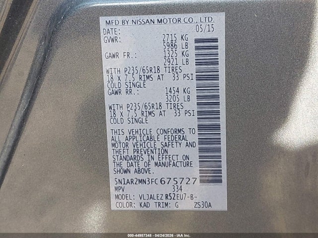 Продаж на аукціоні авто 2015 Nissan Pathfinder Sv, vin: 5N1AR2MN3FC675727, номер лоту: 44957348