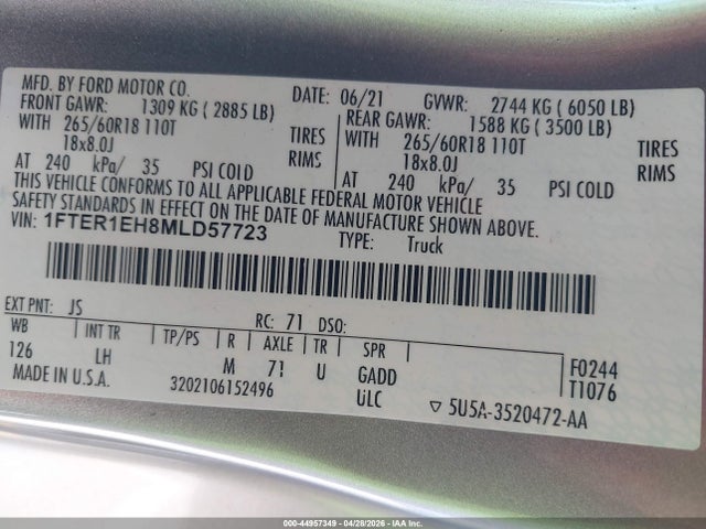 1FTER1EH8MLD57723 Ford RANGER XL