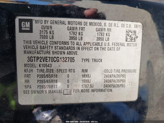 44957360 :رقم المزاد ، 3GTP2VE70CG132705 vin ، 2012 Gmc Sierra 1500 Sle مزاد بيع
