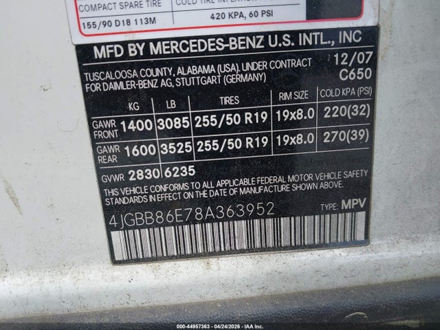 44957363 :رقم المزاد ، 4JGBB86E78A363952 vin ، 2008 Mercedes-benz Ml 350 4matic مزاد بيع