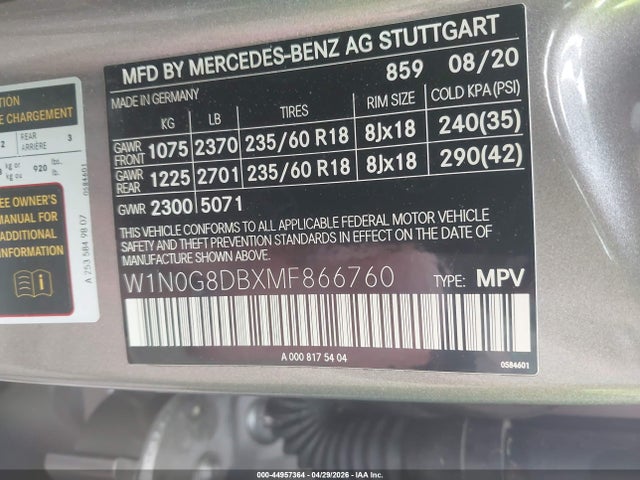 Продаж на аукціоні авто 2021 Mercedes-benz Glc 300 Suv, vin: W1N0G8DBXMF866760, номер лоту: 44957364