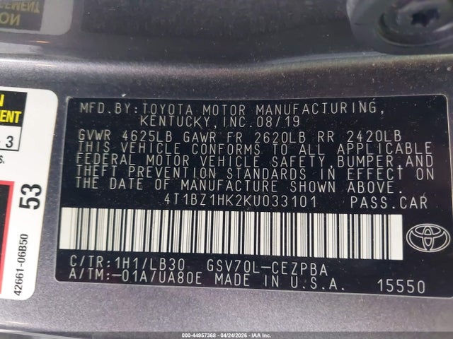2019 Toyota Camry Xse V6 მანქანა იყიდება აუქციონზე, vin: 4T1BZ1HK2KU033101, აუქციონის ნომერი: 44957368