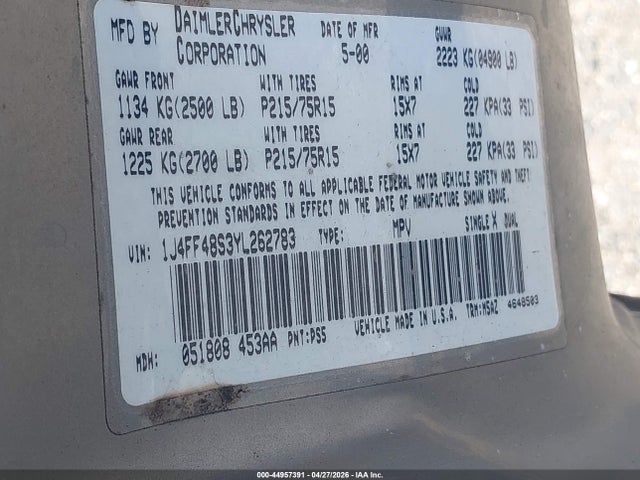 Продажа на аукционе авто 2000 Jeep Cherokee Sport, vin: 1J4FF48S3YL262783, номер лота: 44957391
