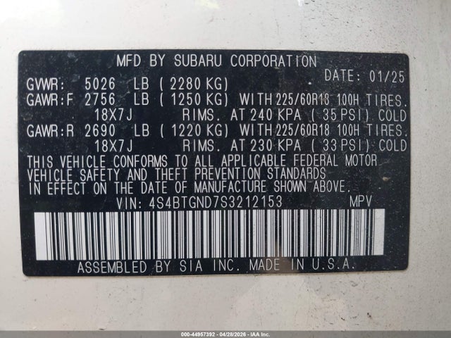 Aukcja sprzedaży 2025 Subaru Outback Limited Xt, vin: 4S4BTGND7S3212153, numer aukcji: 44957392