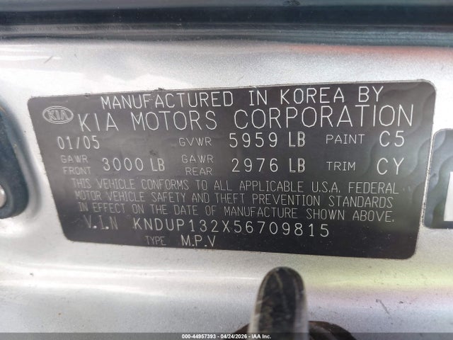 Aukcja sprzedaży 2005 Kia Sedona Ex/lx, vin: KNDUP132X56709815, numer aukcji: 44957393