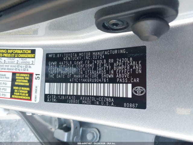 Aukcja sprzedaży 2024 Toyota Camry Le, vin: 4T1C11AK6RU904761, numer aukcji: 44957407