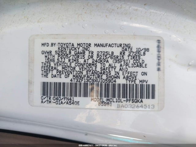 Aukcja sprzedaży 1999 Toyota Sienna Le, vin: 4T3ZF13C9XU105904, numer aukcji: 44957411