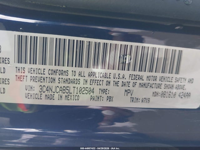 44957422 :رقم المزاد ، 3C4NJCAB5LT102504 vin ، 2020 Jeep Compass Sport Fwd مزاد بيع