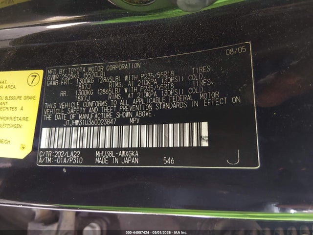 Aukcja sprzedaży 2006 Lexus Rx 400h, vin: JTJHW31U360023847, numer aukcji: 44957424