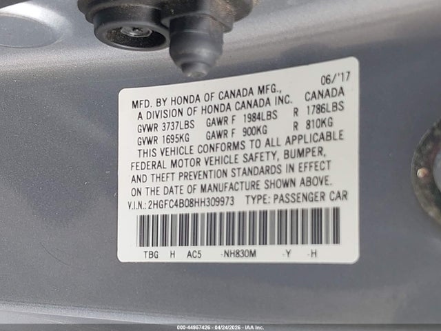 2017 Honda Civic Lx-p მანქანა იყიდება აუქციონზე, vin: 2HGFC4B08HH309973, აუქციონის ნომერი: 44957426