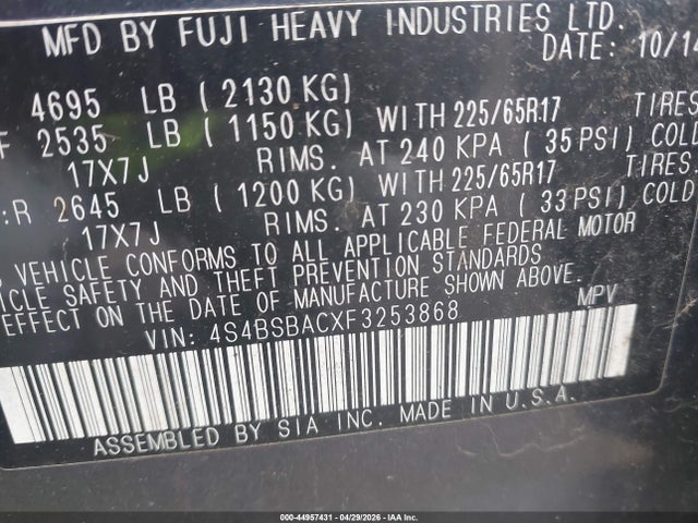 Aukcja sprzedaży 2015 Subaru Outback 2.5i, vin: 4S4BSBACXF3253868, numer aukcji: 44957431