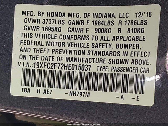 2017 Honda Civic Ex მანქანა იყიდება აუქციონზე, vin: 19XFC2F72HE015037, აუქციონის ნომერი: 44957432