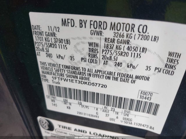 2013 Ford F-150 King Ranch მანქანა იყიდება აუქციონზე, vin: 1FTFW1ET3DKD57720, აუქციონის ნომერი: 44957442