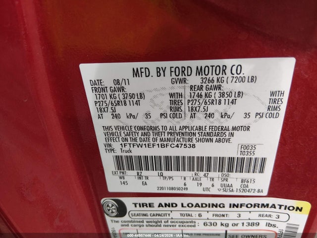 Aukcja sprzedaży 2011 Ford F-150 Lariat, vin: 1FTFW1EF1BFC47538, numer aukcji: 44957446