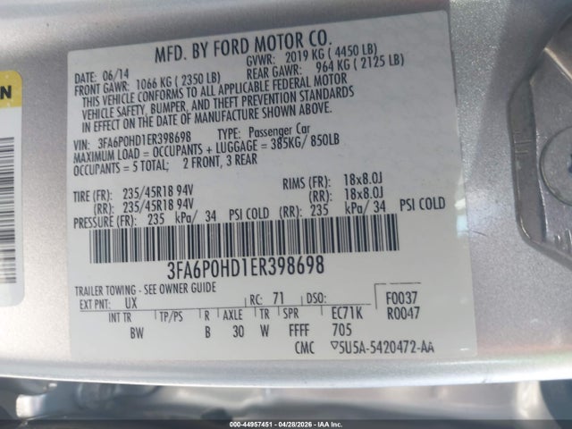 Продажа на аукционе авто 2014 Ford Fusion Se, vin: 3FA6P0HD1ER398698, номер лота: 44957451