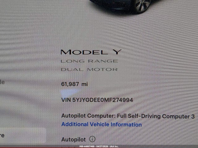 44957469 :رقم المزاد ، 5YJYGDEE0MF274994 vin ، 2021 Tesla Model Y Long Range Dual Motor All-wheel Drive مزاد بيع