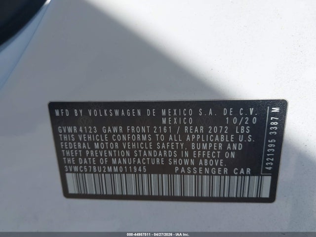 44957511 :رقم المزاد ، 3VWC57BU2MM011945 vin ، 2021 Volkswagen Jetta 1.4t R-line/1.4t S/1.4t Se مزاد بيع
