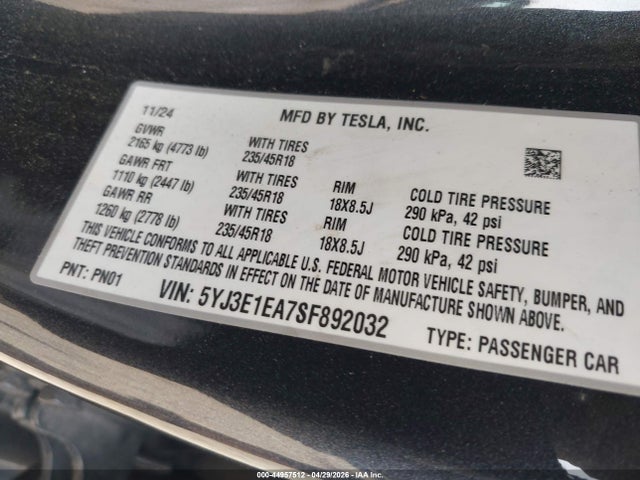 Aukcja sprzedaży 2025 Tesla Model 3 Long Range Rear-wheel Drive/standard Rear-wheel Drive, vin: 5YJ3E1EA7SF892032, numer aukcji: 44957512