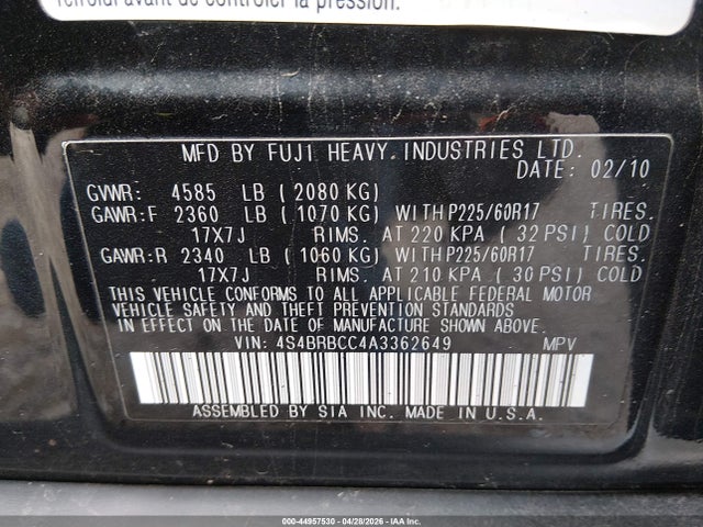 2010 Subaru Outback 2.5i Premium მანქანა იყიდება აუქციონზე, vin: 4S4BRBCC4A3362649, აუქციონის ნომერი: 44957530