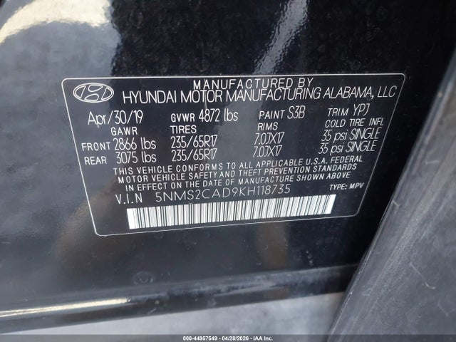 Aukcja sprzedaży 2019 Hyundai Santa Fe Se, vin: 5NMS2CAD9KH118735, numer aukcji: 44957549