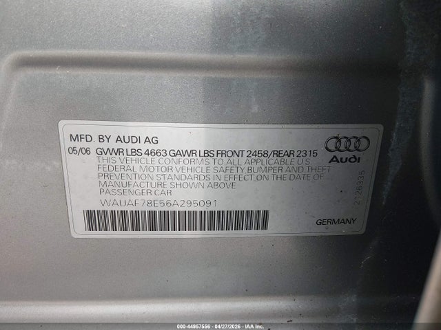 Aukcja sprzedaży 2006 Audi A4 2.0t, vin: WAUAF78E56A295091, numer aukcji: 44957556