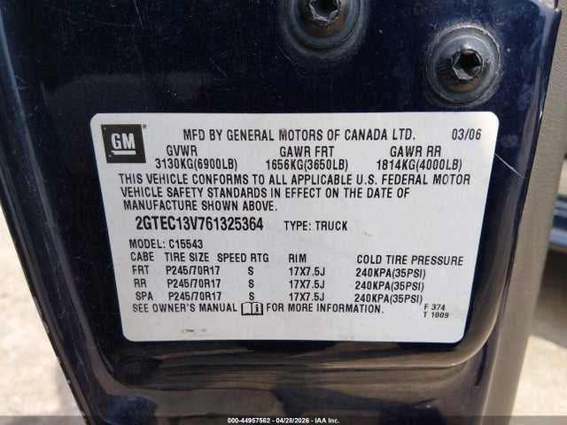44957562 :رقم المزاد ، 2GTEC13V761325364 vin ، 2006 Gmc Sierra 1500 Sl مزاد بيع