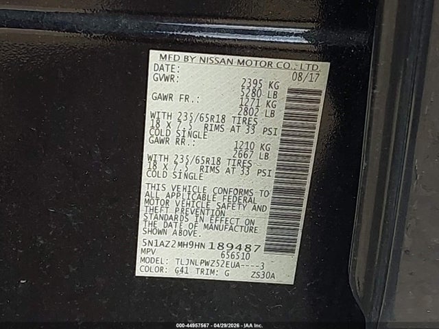 Aukcja sprzedaży 2017 Nissan Murano S, vin: 5N1AZ2MH9HN189487, numer aukcji: 44957567