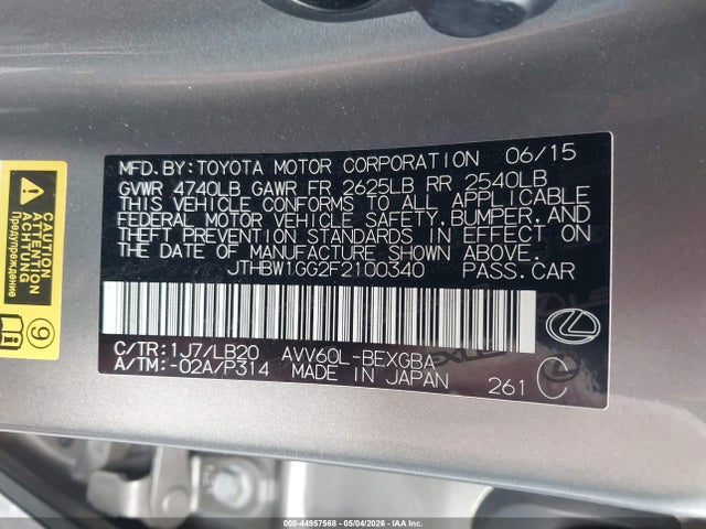 Aukcja sprzedaży 2015 Lexus Es 300h, vin: JTHBW1GG2F2100340, numer aukcji: 44957568