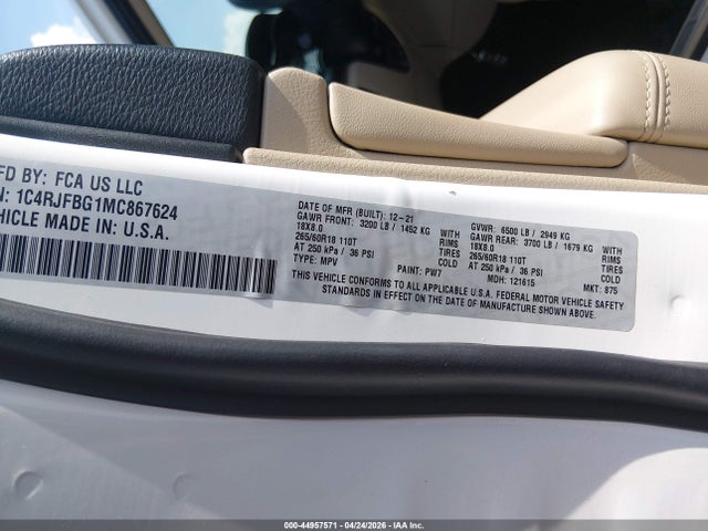 44957571 :رقم المزاد ، 1C4RJFBG1MC867624 vin ، 2021 Jeep Grand Cherokee Limited 4x4 مزاد بيع