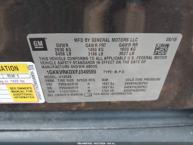 Продаж на аукціоні авто 2015 Gmc Acadia Slt-1, vin: 1GKKVRKDXFJ349589, номер лоту: 44957582