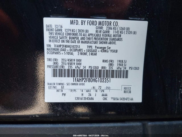Aukcja sprzedaży 2017 Ford Taurus Limited, vin: 1FAHP2F80HG102351, numer aukcji: 44957584