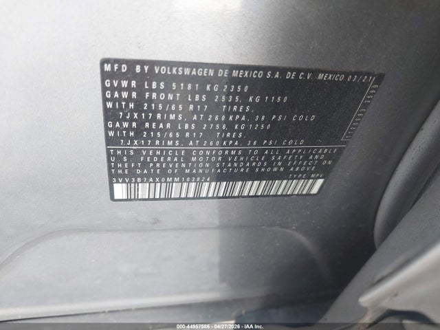 44957586 :رقم المزاد ، 3VV3B7AX0MM103824 vin ، 2021 Volkswagen Tiguan 2.0t Se/2.0t Se R-line Black/2.0t Sel مزاد بيع