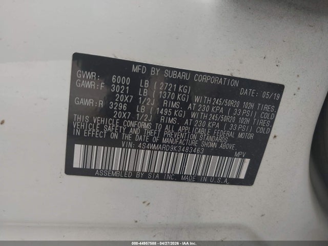 Продаж на аукціоні авто 2019 Subaru Ascent Touring, vin: 4S4WMARD9K3483463, номер лоту: 44957588