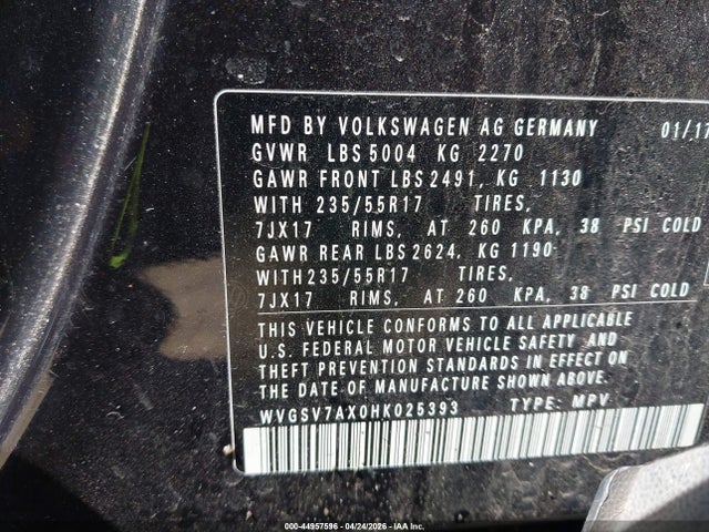 44957596 :رقم المزاد ، WVGSV7AX0HK025393 vin ، 2017 Volkswagen Tiguan 2.0t Wolfsburg Edition مزاد بيع