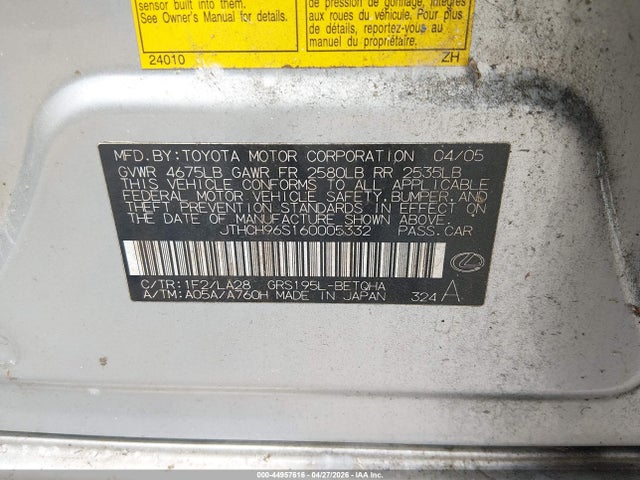 Продаж на аукціоні авто 2006 Lexus Gs 300, vin: JTHCH96S160005332, номер лоту: 44957616