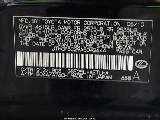 Aukcja sprzedaży 2010 Lexus Is 250, vin: JTHCF5C29A5042644, numer aukcji: 44957621