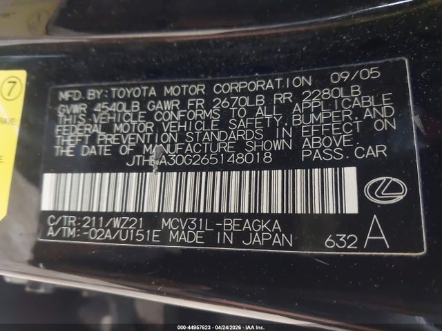 Продажа на аукционе авто 2006 Lexus Es 330, vin: JTHBA30G265148018, номер лота: 44957623