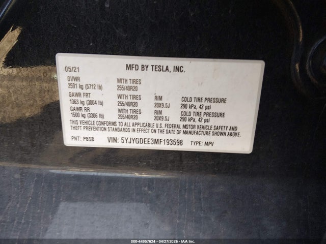 Продажа на аукционе авто 2021 Tesla Model Y Long Range Dual Motor All-wheel Drive, vin: 5YJYGDEE3MF193598, номер лота: 44957624