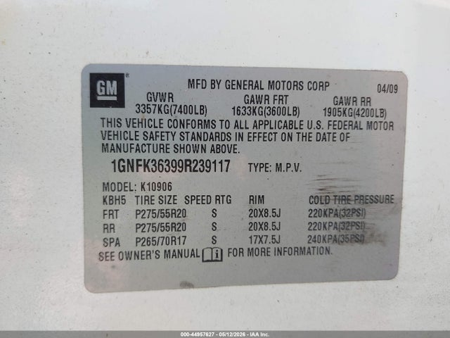 Продажа на аукционе авто 2009 Chevrolet Suburban 1500 Ltz, vin: 1GNFK36399R239117, номер лота: 44957627