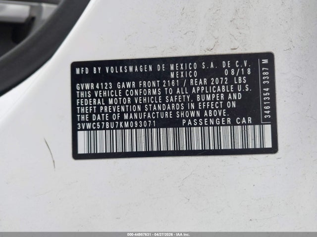2019 Volkswagen Jetta 1.4t R-line/1.4t S/1.4t Se მანქანა იყიდება აუქციონზე, vin: 3VWC57BU7KM093071, აუქციონის ნომერი: 44957631